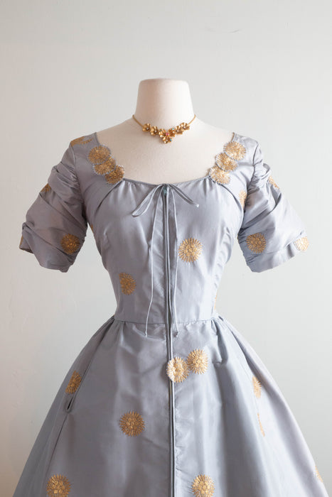 Iconic 1954 Tina Leser Original Ice Blue Silk Hostess Dress With Embroidered Starbursts / SM