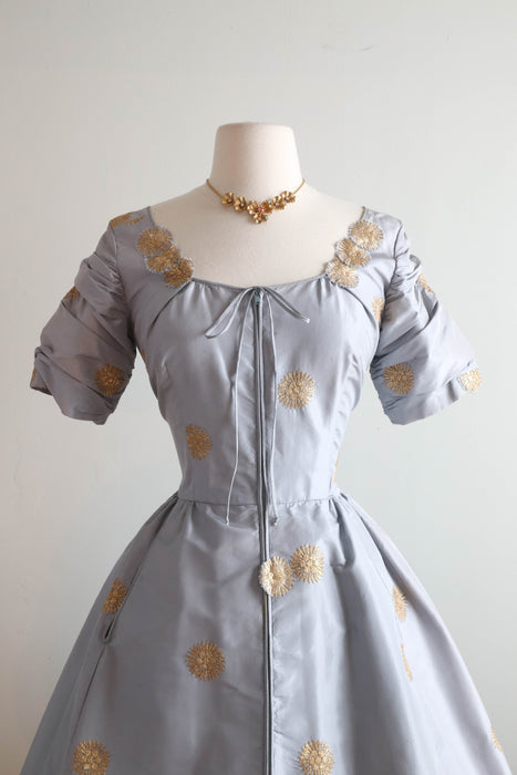 Iconic 1954 Tina Leser Original Ice Blue Silk Hostess Dress With Embroidered Starbursts / SM