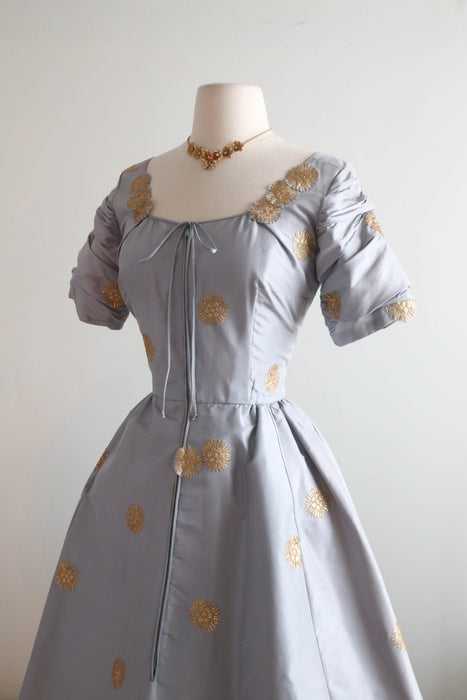 Iconic 1954 Tina Leser Original Ice Blue Silk Hostess Dress With Embroidered Starbursts / SM