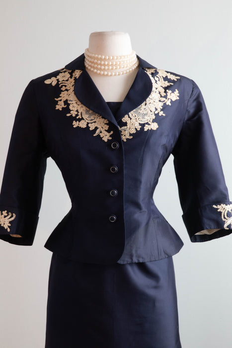 Elegant 1950's Navy Silk Set By Helene Beverly Hills / SM
