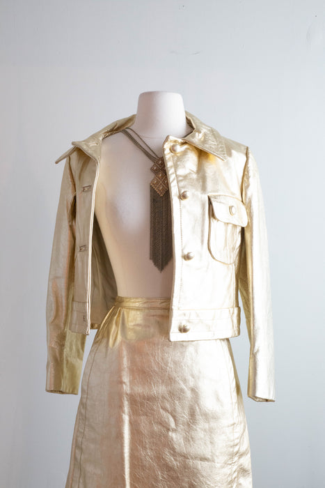 Rare 1960's Charles Talbot Gold Leather Two Piece Jacket And Skirt Set / Small