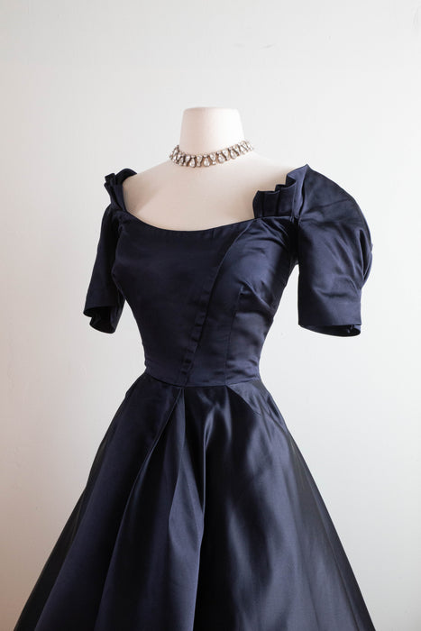 Rare 1950's Designer Carrie Munn Navy Silk Party Dress / Waist 27"