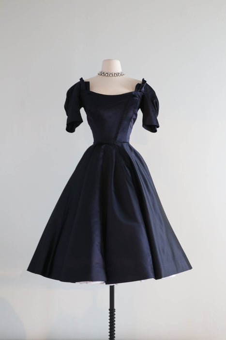 Rare 1950's Designer Carrie Munn Navy Silk Party Dress / Waist 27"