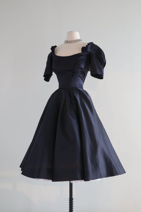 Rare 1950's Designer Carrie Munn Navy Silk Party Dress / Waist 27"