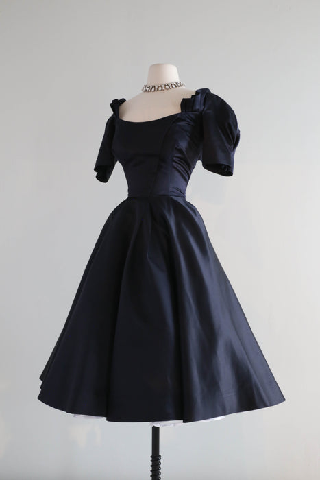 Rare 1950's Designer Carrie Munn Navy Silk Party Dress / Waist 27"