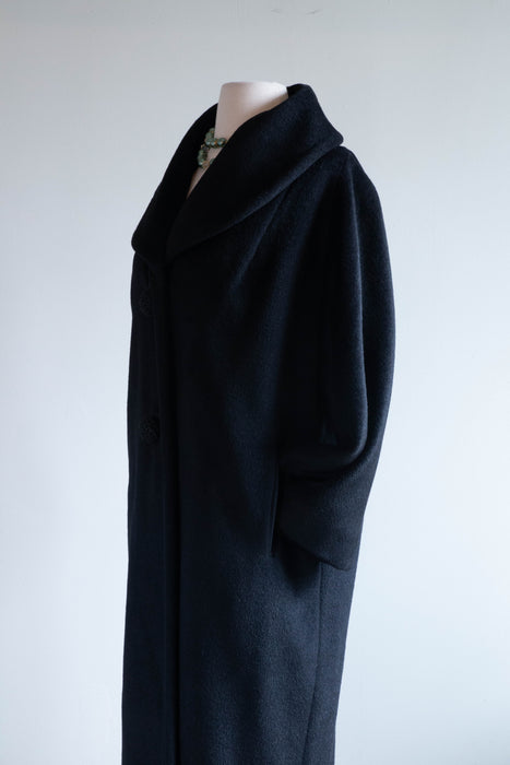 Gorgeous 1950's Black Cashmere Lilli Ann Cocoon Coat With Buttons / ML