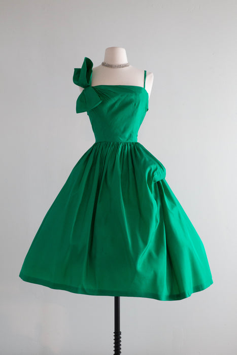 Stunning 1950's Emerald Green Taffeta Party Dress By Lorie Deb / XS