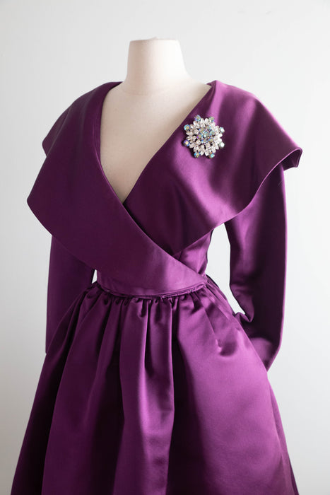 Stunning Vintage Oscar de la Renta Plum Silk Satin Cocktail Dress / M