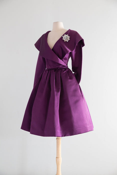 Stunning Vintage Oscar de la Renta Plum Silk Satin Cocktail Dress / M