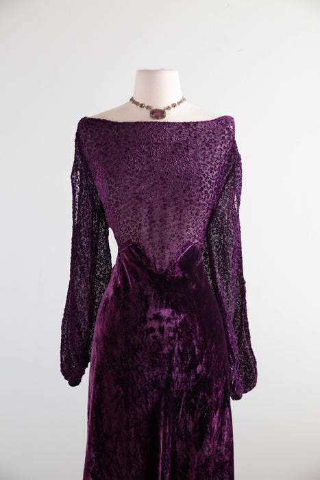 Gorgeous 1930's Devore Velvet Plum Violet Evening Dress With Split Sleeves / M