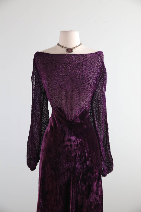 Gorgeous 1930's Devore Velvet Plum Violet Evening Dress With Split Sleeves / M
