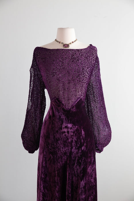 Gorgeous 1930's Devore Velvet Plum Violet Evening Dress With Split Sleeves / M