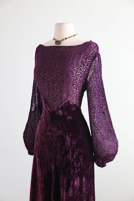 Gorgeous 1930's Devore Velvet Plum Violet Evening Dress With Split Sleeves / M