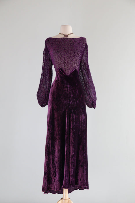 Gorgeous 1930's Devore Velvet Plum Violet Evening Dress With Split Sleeves / M