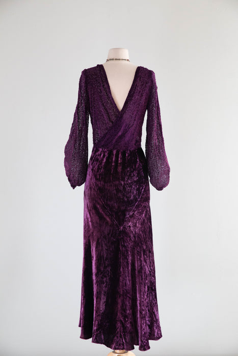 Gorgeous 1930's Devore Velvet Plum Violet Evening Dress With Split Sleeves / M