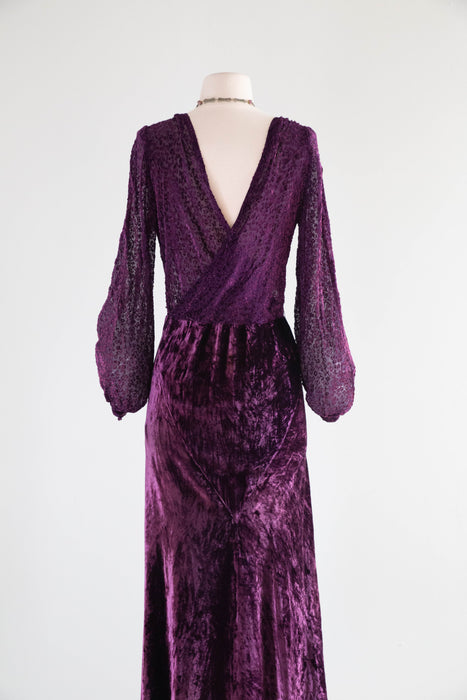 Gorgeous 1930's Devore Velvet Plum Violet Evening Dress With Split Sleeves / M