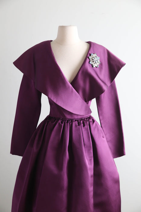 Stunning Vintage Oscar de la Renta Plum Silk Satin Cocktail Dress / M