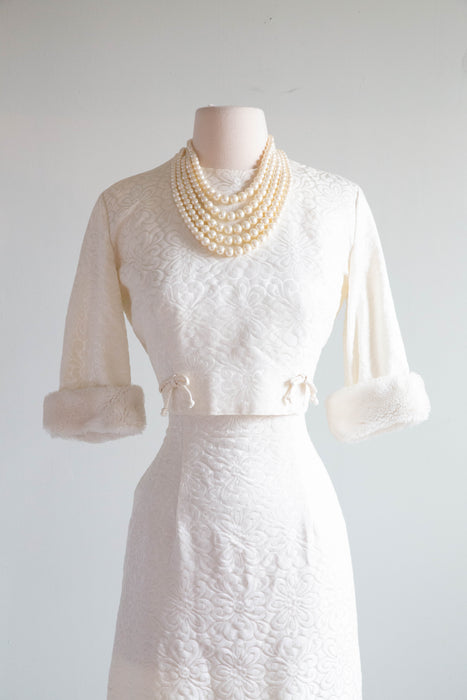 Darling 1950's Winter White Brocade Wiggle Dress And Jacket / M