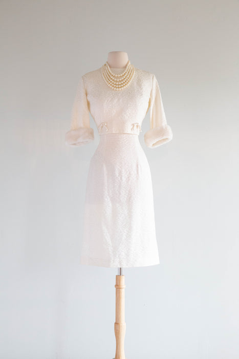 Darling 1950's Winter White Brocade Wiggle Dress And Jacket / M