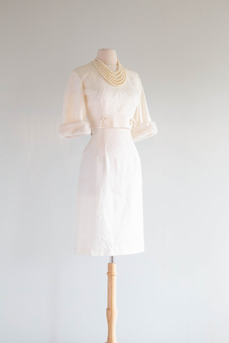 Darling 1950's Winter White Brocade Wiggle Dress And Jacket / M