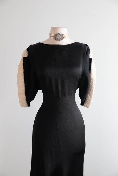 Exquisite 1930's Black Satin Crepe Bias Cut Evening Gown With Glass Buttons / SM