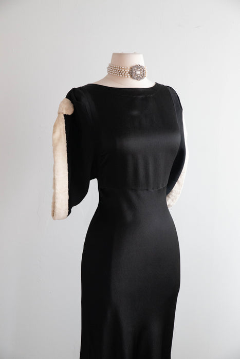 Exquisite 1930's Black Satin Crepe Bias Cut Evening Gown With Glass Buttons / SM