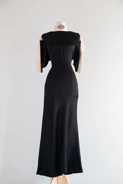 Exquisite 1930's Black Satin Crepe Bias Cut Evening Gown With Glass Buttons / SM