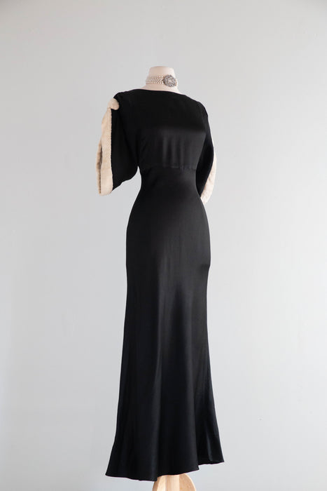 Exquisite 1930's Black Satin Crepe Bias Cut Evening Gown With Glass Buttons / SM
