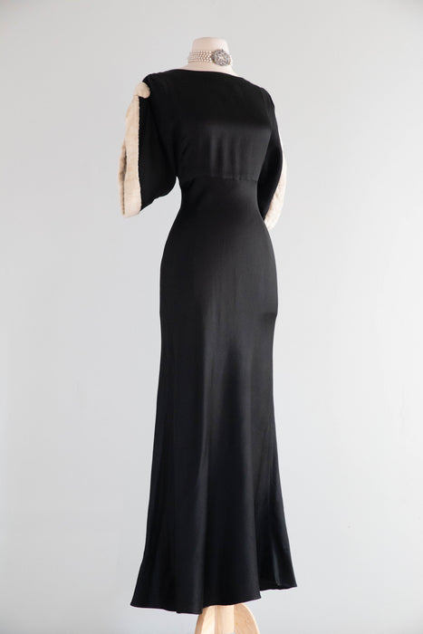 Exquisite 1930's Black Satin Crepe Bias Cut Evening Gown With Glass Buttons / SM