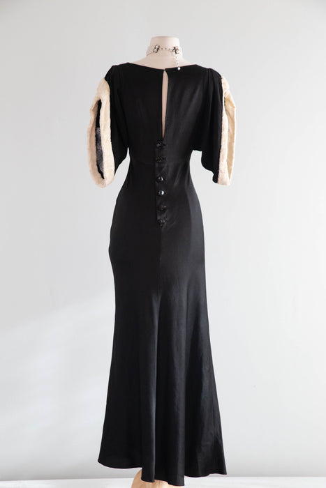 Exquisite 1930's Black Satin Crepe Bias Cut Evening Gown With Glass Buttons / SM