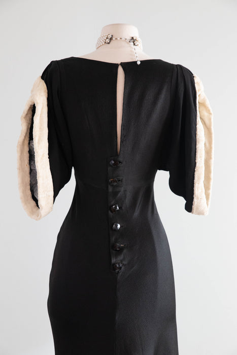 Exquisite 1930's Black Satin Crepe Bias Cut Evening Gown With Glass Buttons / SM