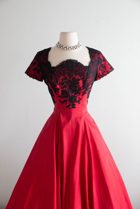 Stunning 1950's Peggy Hunt Cherry Red Silk Party Dress With Chantilly Lace / M