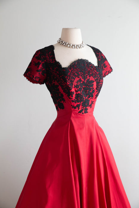 Stunning 1950's Peggy Hunt Cherry Red Silk Party Dress With Chantilly Lace / M