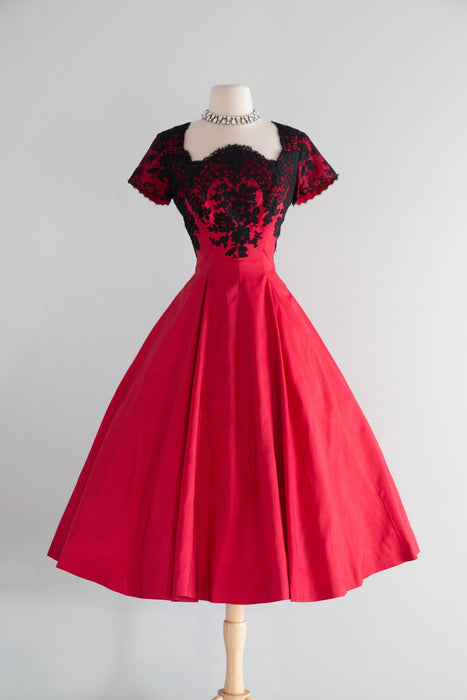 Stunning 1950's Peggy Hunt Cherry Red Silk Party Dress With Chantilly Lace / M