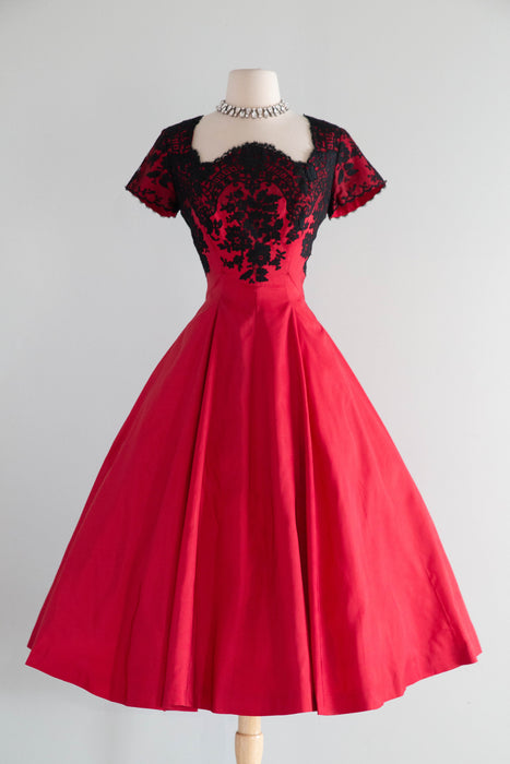 Stunning 1950's Peggy Hunt Cherry Red Silk Party Dress With Chantilly Lace / M