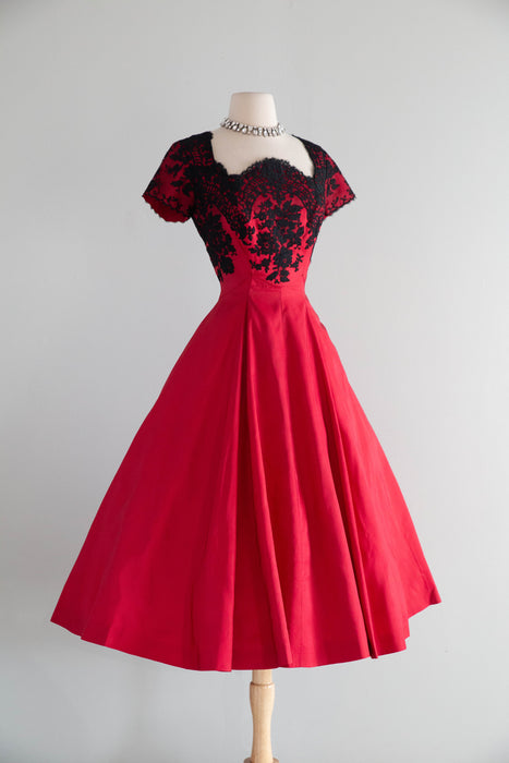 Stunning 1950's Peggy Hunt Cherry Red Silk Party Dress With Chantilly Lace / M
