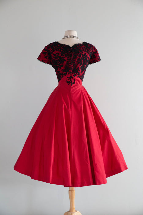 Stunning 1950's Peggy Hunt Cherry Red Silk Party Dress With Chantilly Lace / M