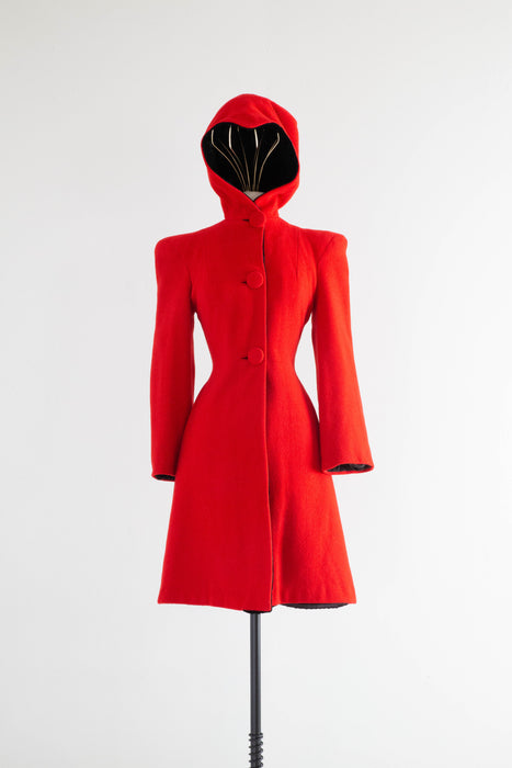 Wicked 1930's Cherry Red Princess Coat With Hood Lined in Velvet / XS