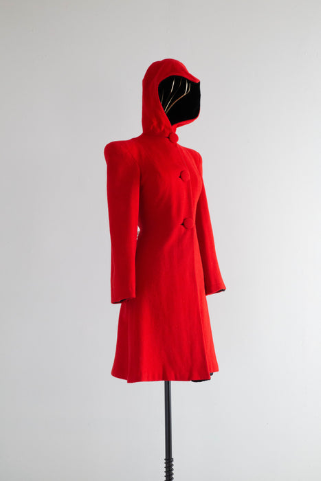 Wicked 1930's Cherry Red Princess Coat With Hood Lined in Velvet / XS