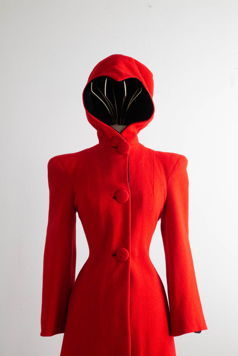 Wicked 1930's Cherry Red Princess Coat With Hood Lined in Velvet / XS