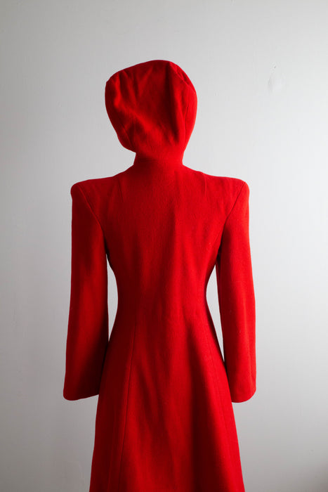 Wicked 1930's Cherry Red Princess Coat With Hood Lined in Velvet / XS