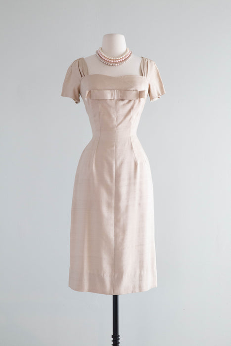 Elegant 1950's Oyster Silk Cocktail Dress From Neiman Marcus / Small