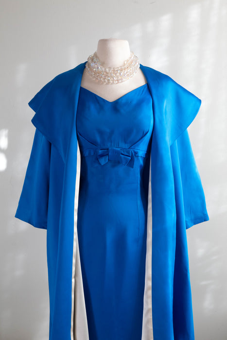 Glamorous 1950's Blue Satin Dress & Matching Swing Coat / Medium