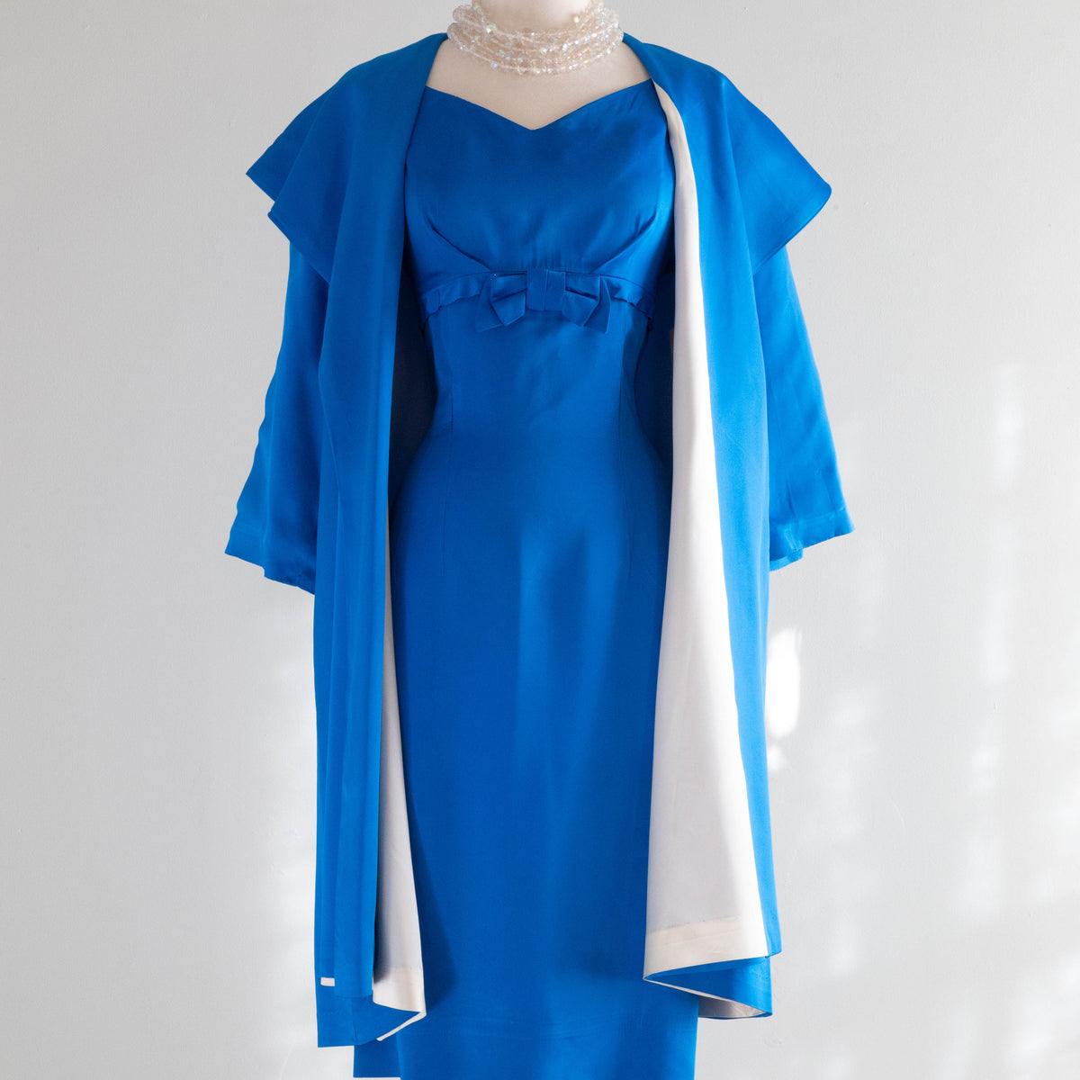 Glamorous 1950's Blue Satin Dress & Matching Swing Coat / Medium