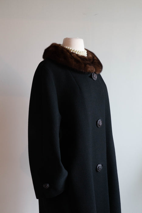 Luxurious 1960's Black Wool & Mink Cocoon Coat / Sz ML