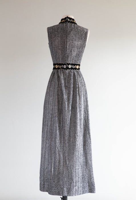 Glamorous 1960's Silver Lurex Maxi Dress With Velvet Trim / Med