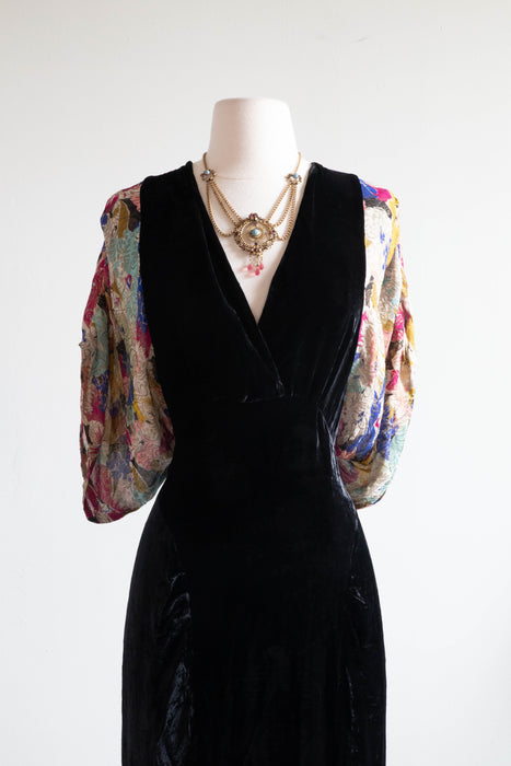 Exquisite 1930's Floral Lame & Silk Velvet Evening Gown / Large