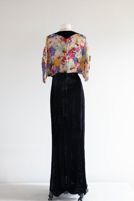 Exquisite 1930's Floral Lame & Silk Velvet Evening Gown / Large