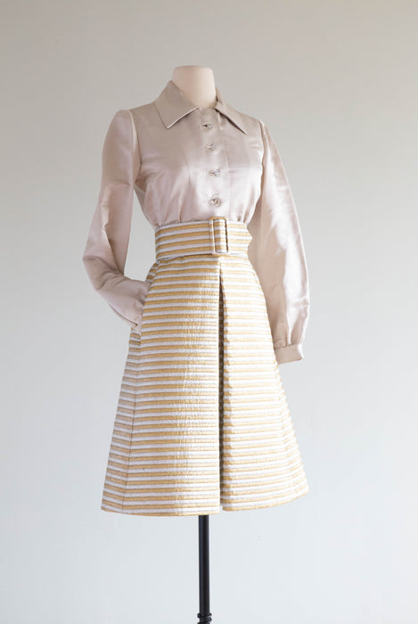 Fabulous 1960's Silver & Gold Silk Mod Cocktail Dress / Medium