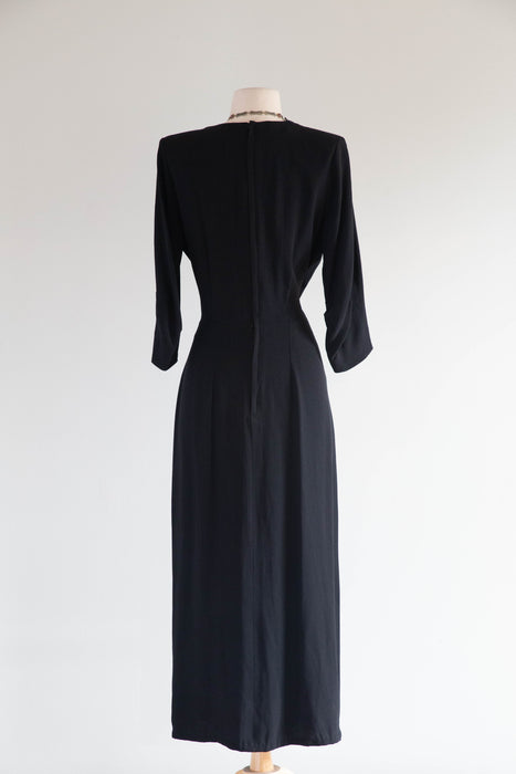 Elegant 1940's Black Rayon Evening Dress With Embellished Illusion Lace / M